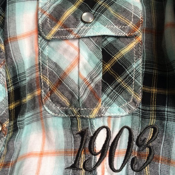 Harley-Davidson Womens Embroidered Blouse Small Plaid Pearl Snap Cap Sleeve - Picture 7 of 8